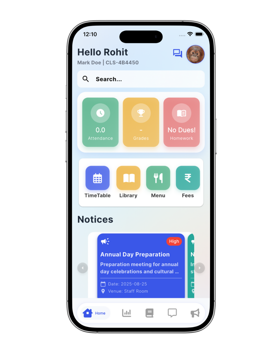 Eduspher Mobile App Home Screen - RFID Attendance and Real-Time Student Tracking Interface